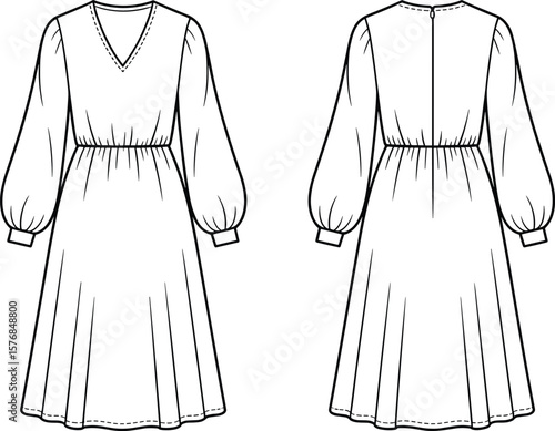 Long sleeve v neck midi dress flat sketch, technical fashion illustration, elastic waist, gathered detail, front back CAD view, template