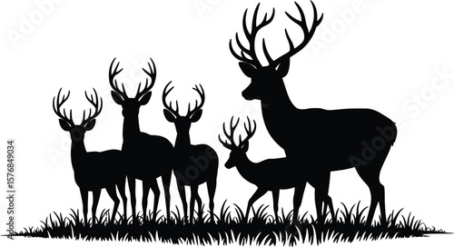 Majestic deer herd standing in grass stag fawn