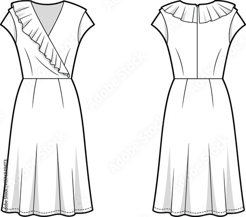 Flat technical vector drawing of women’s wrap dress with pleated hem, back zipper, ruffle front, cap sleeves, front and back