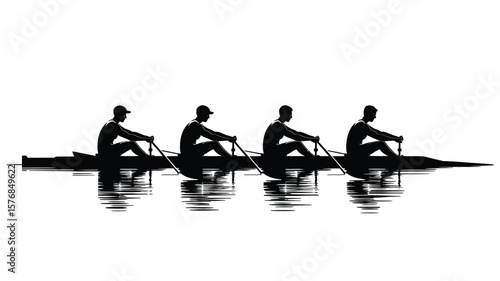 Four silhouetted rowers in a boat on the water synchronized rowing