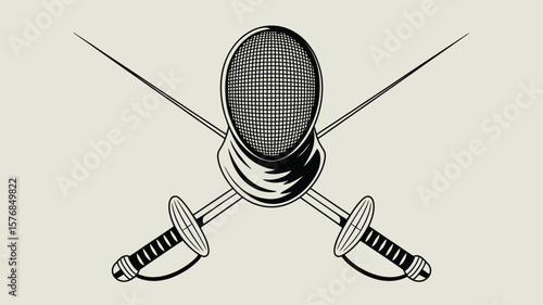 Fencing mask and crossed swords emblem for sport and competition