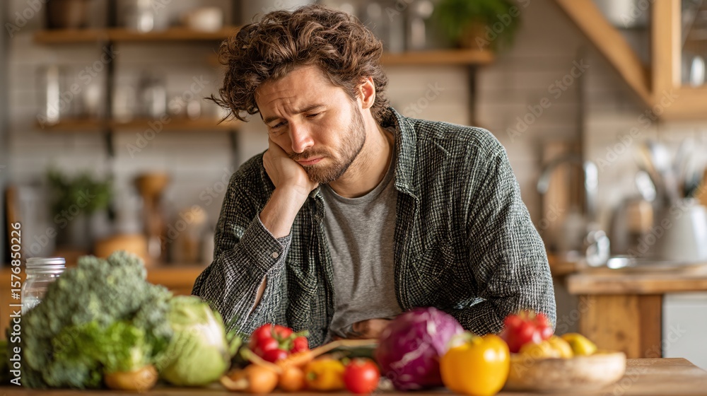 Fototapeta premium Thoughtful man in kitchen surrounded by fresh vegetables and fruits