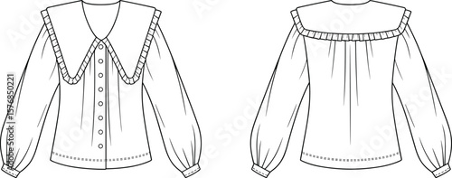 Flat vector CAD drawing of ruffle collar blouse design, long sleeve top, fashion garment sketch front and back view illustration