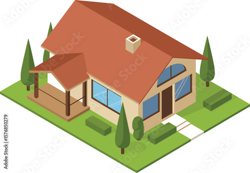 Isometric view of a house with a brown roof and green lawn on a white background
