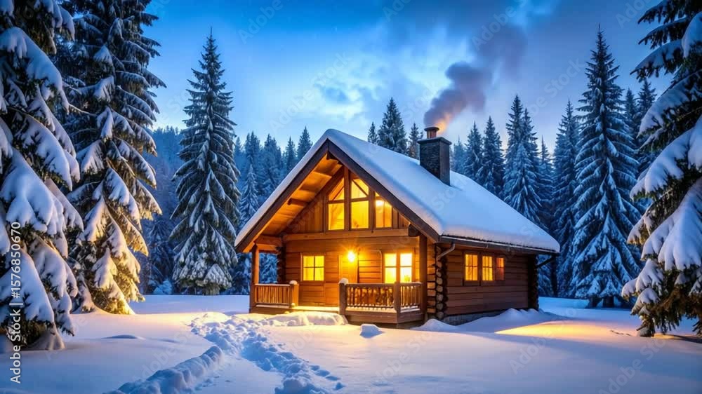 Winter Wonderland: Cozy Cabin in Snowy Forest at Twilight Winter Wonderland: Cozy Cabin in Snowy Forest at Twilight