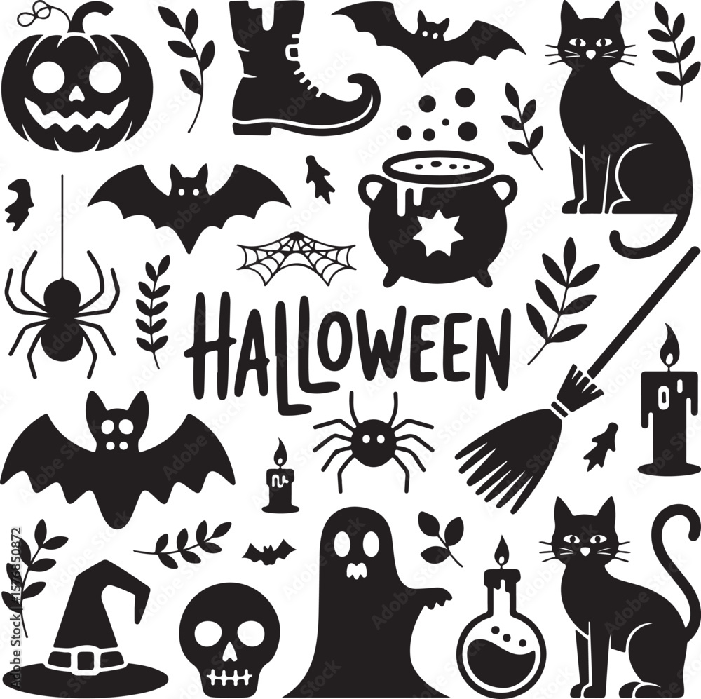 Fototapeta premium Spooky Halloween SilhouetteHaunted House Halloween VectorFlying Witch on Broom SilhouetteHalloween Pumpkin SilhouetteCreepy Graveyard Halloween Scene