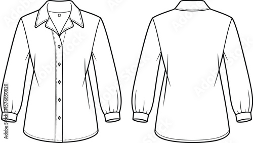 Flat fashion technical sketch of long sleeve blouse with collar and button front, front and back view, vector garment illustration