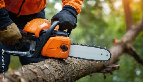 Wallpaper Mural Person in orange jacket and black gloves using chainsaw to cut through tree branch in forest setting. Warm sunlight filtering through trees. Torontodigital.ca