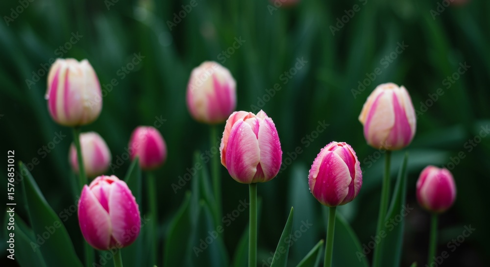 Fototapeta premium Pink and White Tulips with Dew Drops
