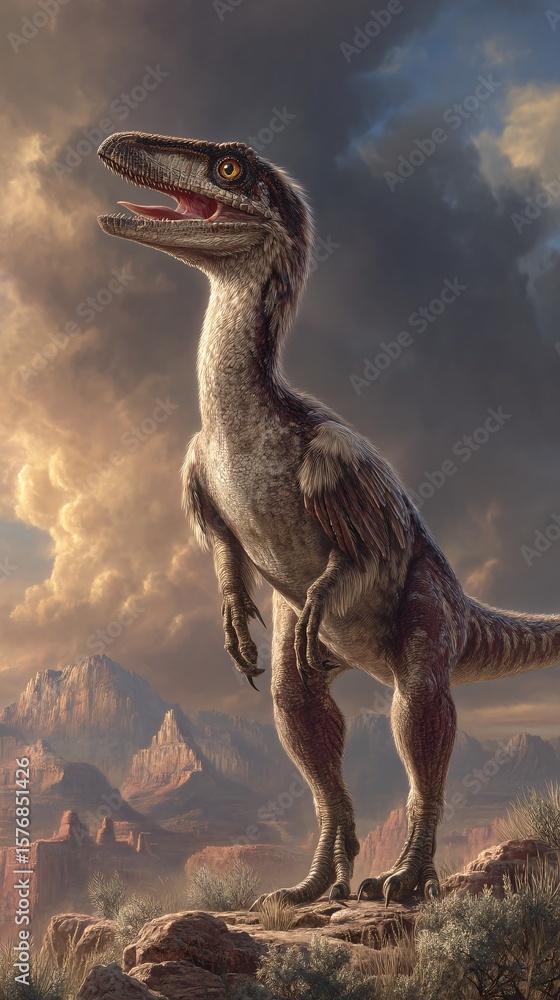 Fototapeta premium Realistic dinosaur illustration in a dramatic landscape scene