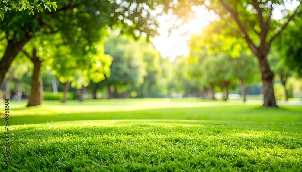 Fototapeta premium Sunny Serenity A Green Grass Lawn with Shady Trees in a Peaceful Landscape