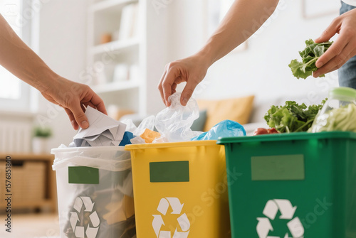 Hands Sorting Recyclable Waste into Separate Bins