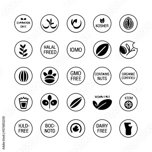 Vector art of collection of food certification icons including kosher, halal, organic, and allergen free isolated on transparent background