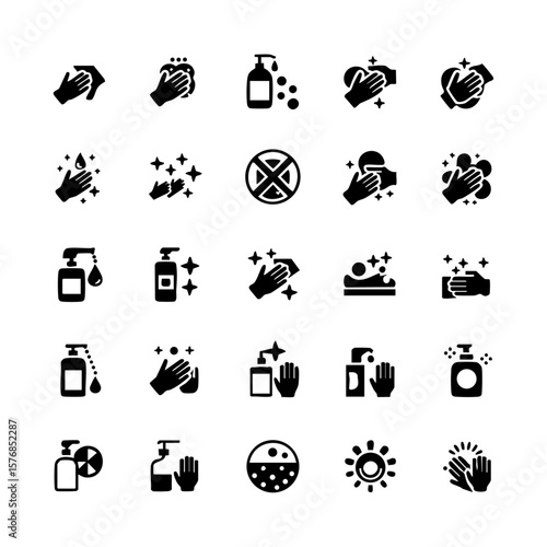Vector art of collection of hygiene icons depicting hand washing and sanitization isolated on transparent background