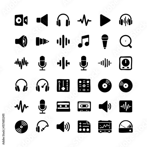 Vector art of set of audio and music related icons on a transparent background
