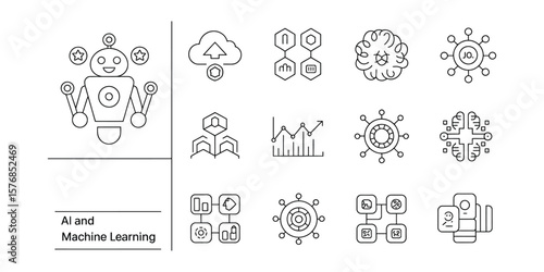 Artificial Intelligence Line Icons Set, Robot, Cloud, Brain, Data, Network on White