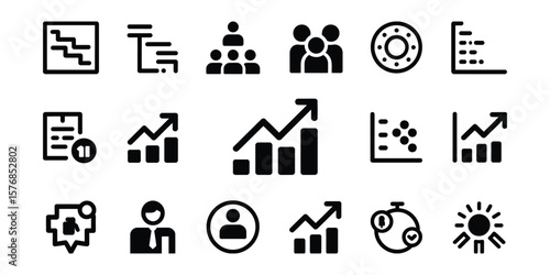 Black Business Solid Icons on White Background for Data Analysis and Teamwork