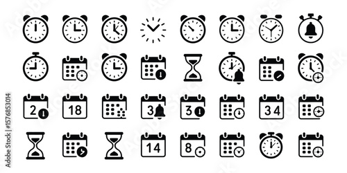 Black Icon Set Featuring Timers Clocks Calendars and Sandglasses on Transparent Background
