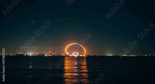 Futuristic cityscape illuminated by a circle of light, reflected on the water