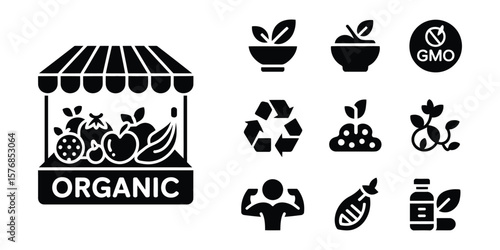 Black isolated organic produce stall, recycling, GMO free, nutrient, food icons