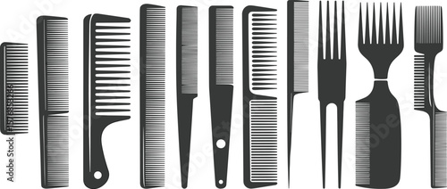 Barber comb vector set, black comb collection, salon styling tools, professional hair grooming equipment, clipart icons for hairstyle design