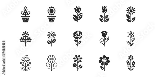 Black Silhouette Flowers Collection, Botanical Set with Petals and Leaves