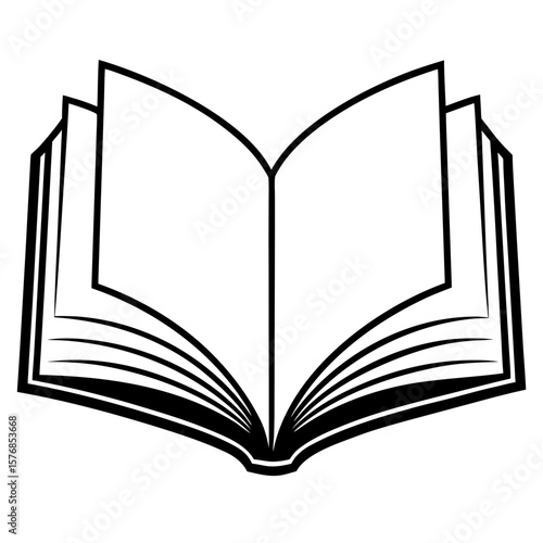 Black and White Illustration of Open Book with Fanned Pages – Minimalist Reading, Literature, and Knowledge Concept
