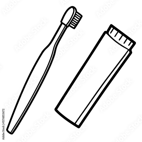 Black and White Illustration of Toothbrush and Toothpaste Tube – Minimalist Dental Hygiene and Personal Care Concept
