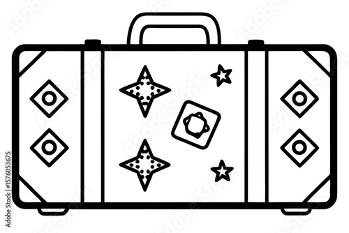 Black and White Illustration of Decorated Suitcase with Stars, Diamonds, and Circular Emblem – Minimalist Luggage Design and Adventure Packing Concept
