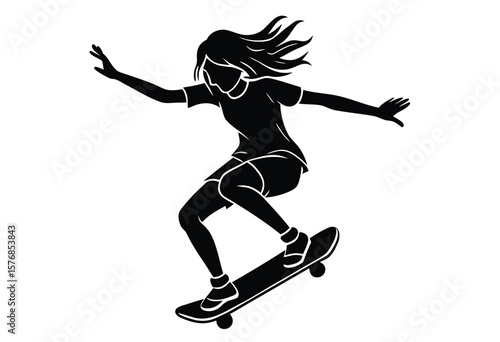Skateboard Girl Jumping Silhouette Vector Flat Design Illustration