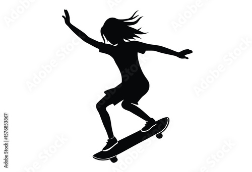 Girl Jumping Skateboard Silhouette Vector Illustration Flat Design Art for Sport