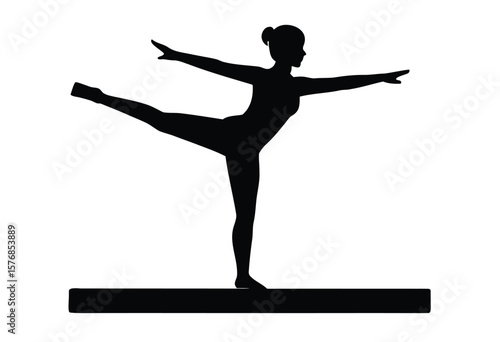 Girl Gymnast on Balance Beam Silhouette Vector Flat Design Illustration