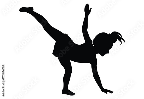 Little Girl Gymnast Silhouette Performing Cartwheel Vector Flat Design Illustration