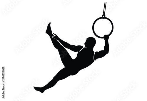 Gymnast on Rings Silhouette Vector, Flat Style Male Exercise Illustration for Sport