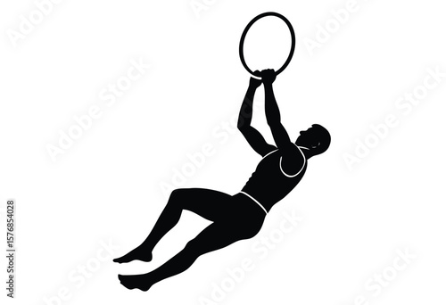 Gymnast on Rings Silhouette Vector, Flat Style Male Exercise Illustration for Sport