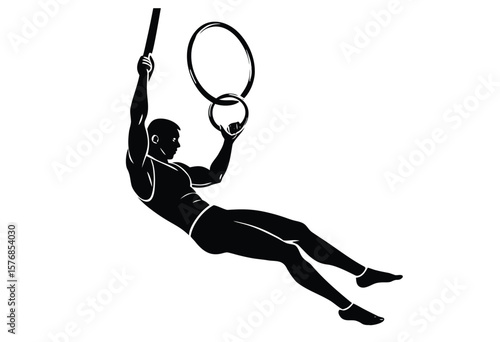 Man Gymnast Exercise on Rings Silhouette Vector, Flat Design Illustration for Fitness
