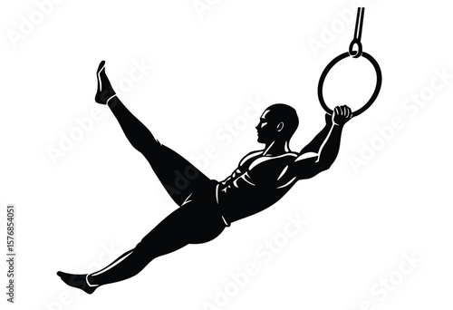 Man Gymnast Exercise on Rings Silhouette Vector, Flat Design Illustration for Fitness