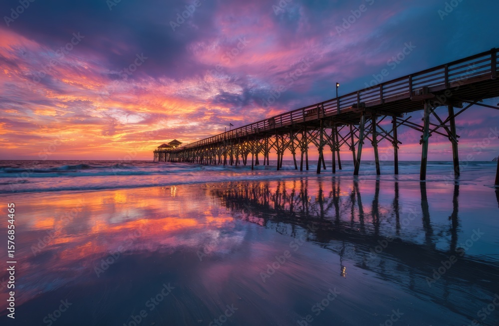 Obraz premium colorful sunrise over the beach with a pier.