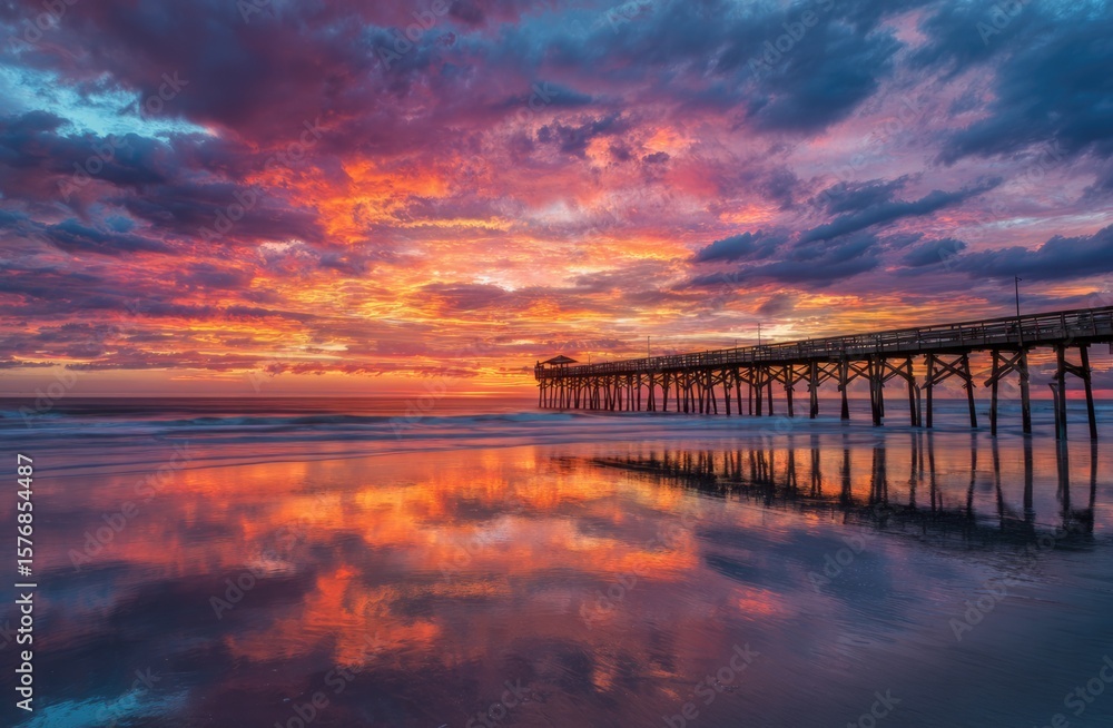 Obraz premium colorful sunrise over the beach with a pier.