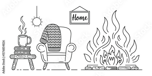 Cozy Room, Linear Drawing, Armchair with Sweater, Fireplace, Books, Mug with Steam