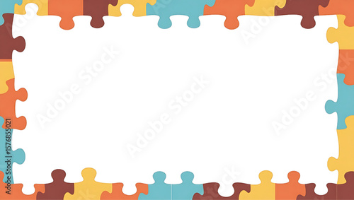 Colorful jigsaw puzzle pieces form a rectangular border around a blank white space.
