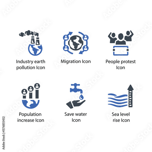 earth pollution, Migration, People protest, Population increase, Save water, Sea level rise, icon