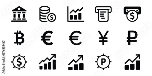Finance Icons Set Featuring Dollar, Euro, Yen, Bitcoin and Stock Market Growth
