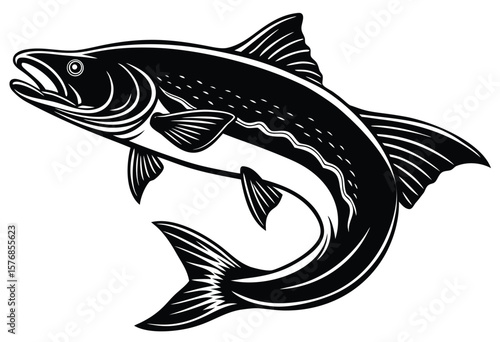 Salmon Fish Jumping Silhouette Vector Flat Design Wild Fish Illustration for Fishing