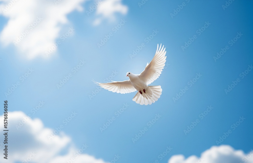 Obraz premium White dove flying peacefully in a bright blue sky with fluffy clouds, beautiful symbolic image created to celebrate International Day of Peace worldwide