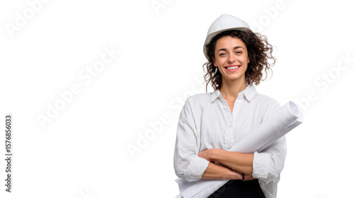 Smiling architect in a hard hat holding blueprints, isolated on white background.