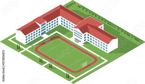 Isometric view of a school building with a red roof and a green sports field area
