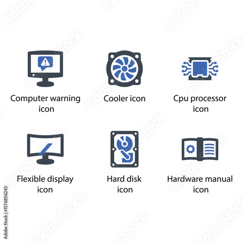 Computer warning, Cooler, Cpu processor, Flexible display, Hard disk, Hardware manual, icon