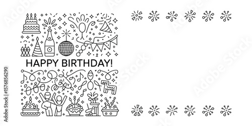 Happy Birthday Lettering with Festive Elements Celebration Icons Line Art