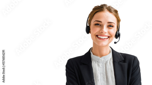 Smiling woman in headset, isolated on white background, representing customer service and professionalism.